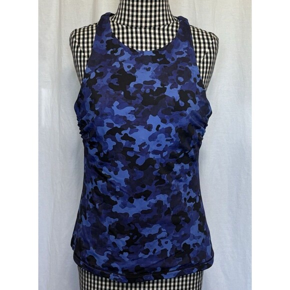 Athleta Other - Athleta Maldives High Neck Tankini Top Blue Camo 38 B / C Large L Removable Pads